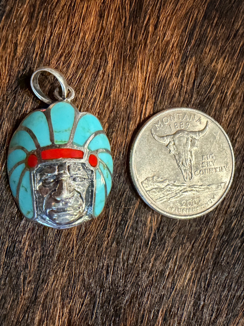 Turquoise Red Coral Native Style Chief Head Pendant | 925 Sterling Silver | New - Picture 3 of 4